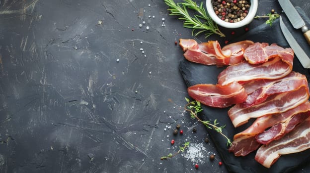 A plate of crispy bacon sits next to a sharp knife and a bowl of seasoning. The bacon is cooked to perfection, emitting a tantalizing aroma. The knife is ready to be used to cut the bacon, while the seasoning awaits to enhance its flavor.