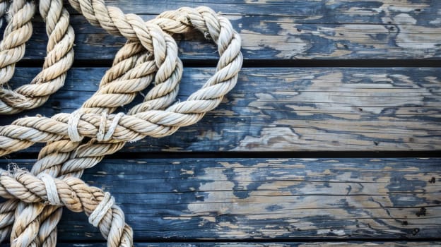 A detailed close-up view of a single rope laid out on a weathered wooden surface. The texture of the rope and the grains of the wood are prominently displayed, creating a simple yet intricate composition.