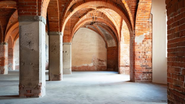 An empty room with brick walls and arches is shown. The room appears deserted with no furniture or decorations. The arches and brick walls give a sense of old-world architecture and historical charm.