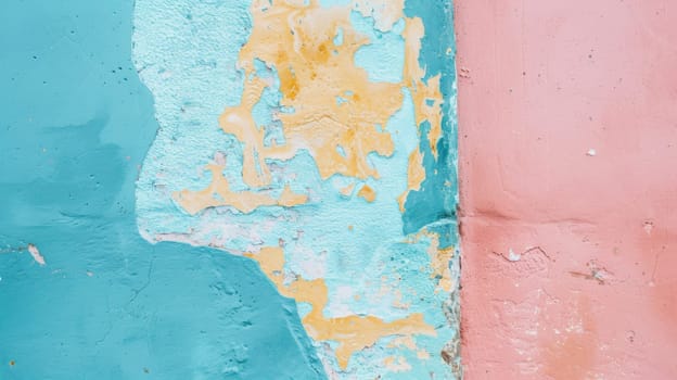 Close up view of a weathered wall with peeling paint, revealing layers of flaking and cracking paint. The texture of the decayed paint creates a striking visual contrast against the walls surface.