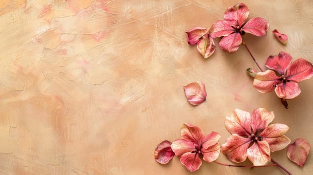 A group of pink flowers are arranged neatly on top of a wooden table, creating a vibrant and beautiful display. The delicate petals and green stems stand out against the natural grain of the table.