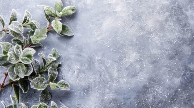 A plant covered in frost sits on a table, showcasing the effects of cold weather on vegetation. The frost appears delicate and icy, adding a unique visual element to the plants leaves.