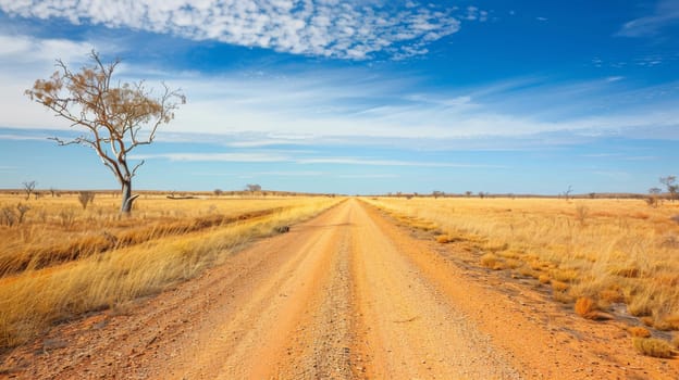 A dirt road stretches ahead, with a lone tree positioned directly in the center. The trees branches extend outwards, casting shadows on the dusty path.