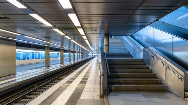 A set of concrete stairs with metal railings leads up to a busy train station. Commuters are seen ascending and descending the stairs, carrying bags and luggage. The train platform is visible in the background, with trains coming and going.