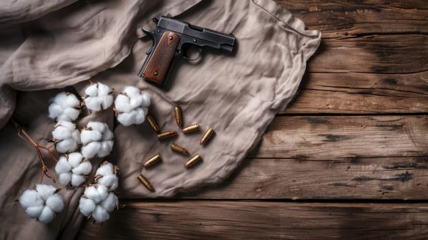 A gun rests next to a pile of cotton on a wooden table. The gun is metallic and sleek, contrasting with the soft, white cotton. The scene evokes a sense of tension and juxtaposition between the items.