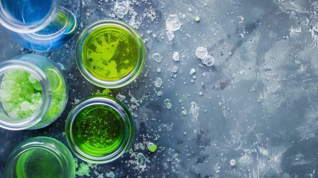Three glasses are shown filled with a vibrant green and blue liquid. The glasses are placed neatly on a table, showcasing the colorful drinks inside.