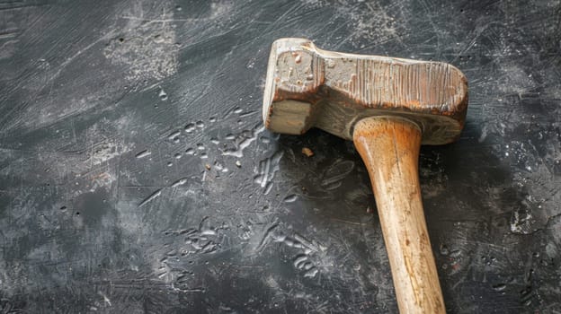 An aged hammer, worn by years of use, lies on a stark black surface. The metal head shows signs of rust and the wooden handle is weathered.