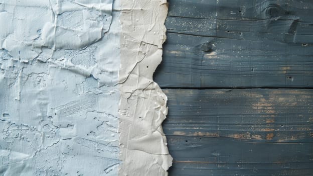 A wooden wall displaying signs of deterioration with peeling paint that exposes the raw surface underneath. The weathered appearance suggests neglect and adds a rustic charm to the structure.