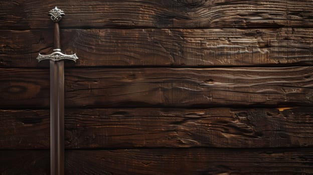 A sword lies on a wooden table positioned next to a plain wall. The swords blade gleams under the light, contrasting with the rough texture of the table and wall.