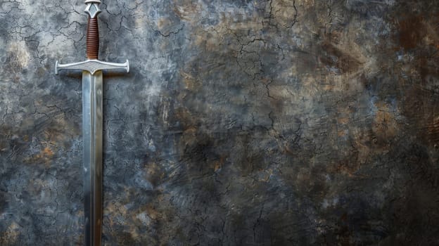 A sword with a long blade is propped against a rough stone wall. The blade gleams in the light, contrasting sharply with the dark, weathered surface behind it. The scene evokes a sense of ancient strength and power.