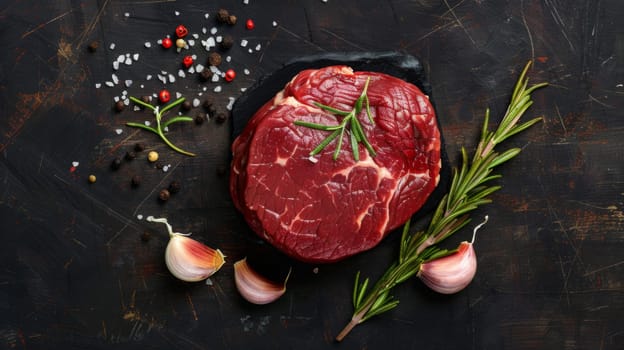 A piece of meat is seen marinated with herbs and garlic, resting on a black surface. The fresh herbs and minced garlic cling to the meat, ready to be cooked and savored.
