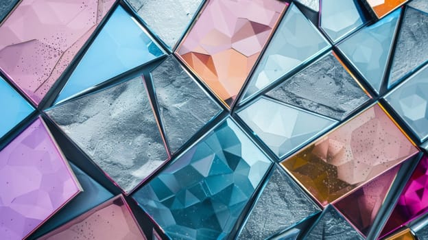 A close-up view of a vibrant and colorful glass wall, showcasing a variety of hues and patterns. The glass reflects light in a spectrum of colors, creating a visually striking and modern appearance.