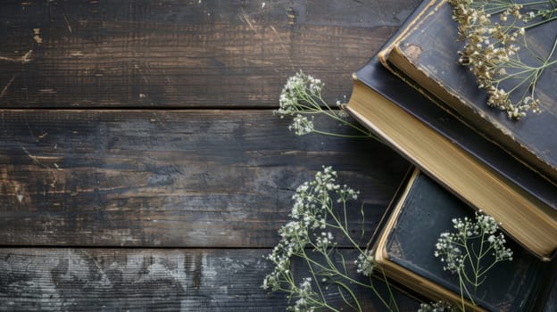 A stack of various books placed neatly on top of a wooden table. The books appear to be different in size and color, creating a visually interesting arrangement. The tables texture and wood grain are visible, adding to the rustic feel of the scene.