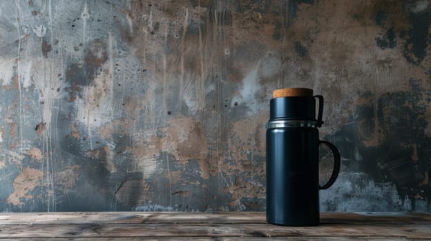 A black bottle rests on a wooden table, creating a simple yet striking contrast between the dark bottle and the warm wood. The bottle is stationary, casting a shadow on the table surface.