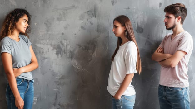 A group of individuals standing together in front of a solid wall. They seem to be looking towards the camera, perhaps posing for a photo or waiting for something.
