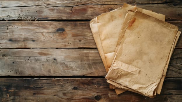 A pile of brown paper sheets neatly stacked on top of a wooden table, creating a simple and rustic composition. The paper appears crumpled in some areas, suggesting previous use.