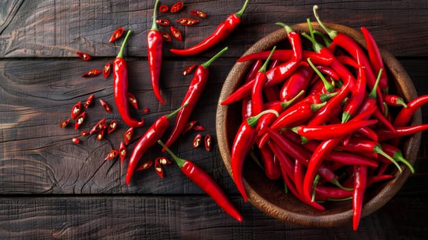A wooden table is adorned with a bowl filled with vibrant red peppers. The peppers are neatly arranged and ready to be used for cooking or snacking.
