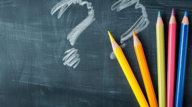 Several pencils of different colors are arranged neatly on a chalkboard, alongside a prominent question mark drawn in white chalk. The question mark appears to be the main focal point of the composition.