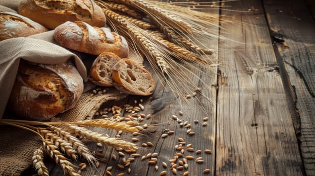 A collection of various types of bread such as baguettes, loaves, and rolls laid out on a rustic wooden table. The bread is freshly baked and appears inviting and delicious.