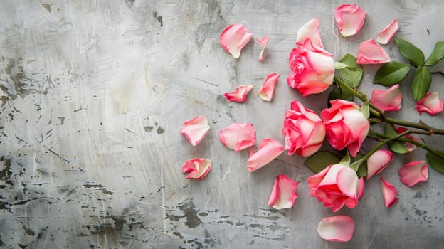 A cluster of vibrant pink roses juxtaposed against a neutral gray backdrop. The flowers are in full bloom, showcasing their delicate petals and lush green stems in sharp detail.