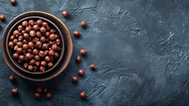 A bowl filled with various nuts sits atop a wooden table, showcasing a variety of healthy and delicious snack options for those nearby. The nuts are neatly arranged, providing a visually appealing display.