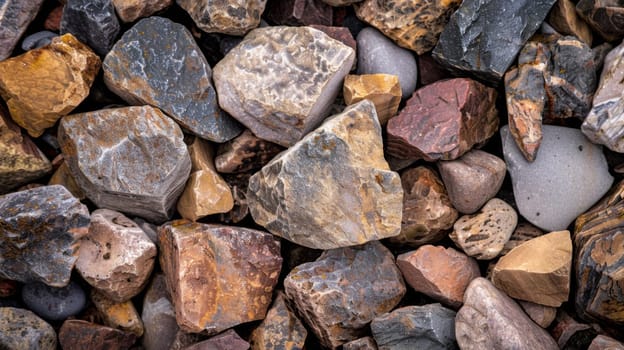 A cluster of various rocks of different sizes and shapes lying scattered on the ground in a random pattern, creating a rocky surface area.