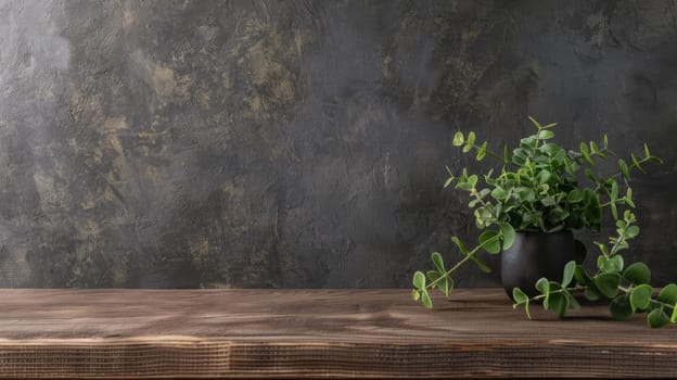 A potted plant is placed on top of a wooden table, creating a simple and natural scene. The green leaves of the plant contrast with the brown table, adding a touch of nature to the indoor space.