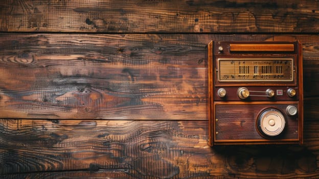 An old radio sits prominently on top of a wooden wall, showcasing its vintage charm. The weathered wood provides a rustic backdrop for the classic device.