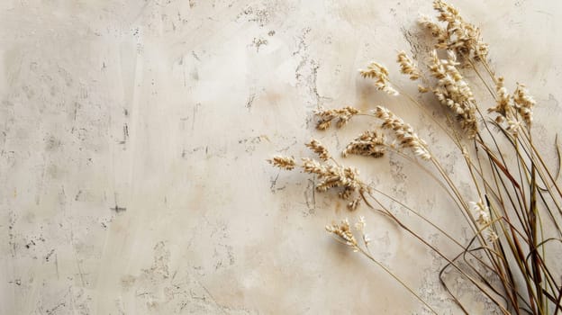 A collection of dried flowers is arranged neatly on top of a wooden table. The flowers vary in color and size, adding a rustic touch to the setting.