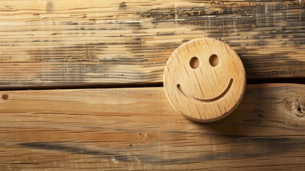A wooden smiley face is positioned on a flat wooden surface. The smiley face is carved into the wood and has a cheerful expression.