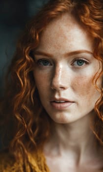 Portrait of a beautiful redhead girl with freckles on her face. ai generative.