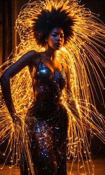 Beautiful african american woman with afro hairstyle and outlined in light. ai generative.