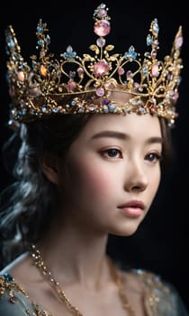 Portrait of beautiful young woman in crown. Luxury makeup and hairstyle. ai generative.
