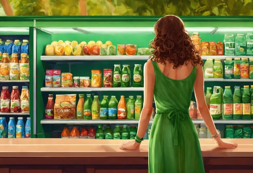 The beautiful woman is looking at the shelves to buy something from the supermarket. ai generative.