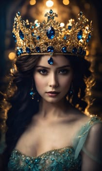 Portrait of beautiful young woman in crown. Luxury makeup and hairstyle. ai generative.