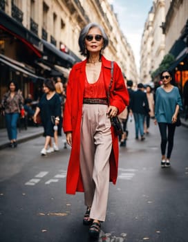 60 year old Asian female model in Paris Fashion Week. ai generative.