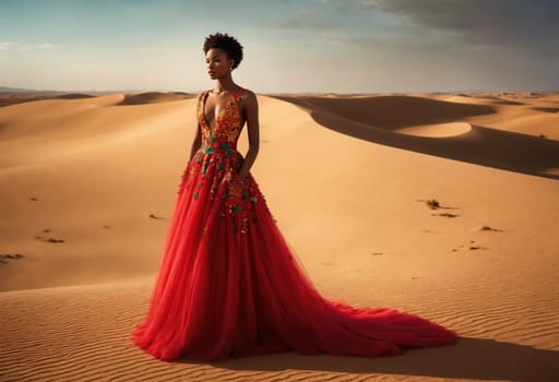 fashion photo of beautiful woman in a long luxurious dress posing. ai generative.