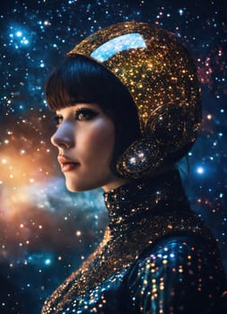 Portrait of beautiful brunette woman in shiny evening dress against night sky. ai generative.
