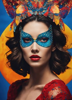 Portrait of a beautiful young woman with bright make up and Venetian mask. ai generative.