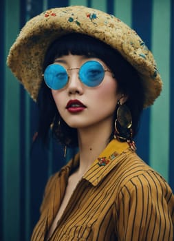 Fashion portrait of young beautiful asian woman with short hairstyle and sunglasses in a stylish dress. ai generative.