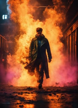 Beautiful young man with colorfull hair in colorful smoke. ai generative.