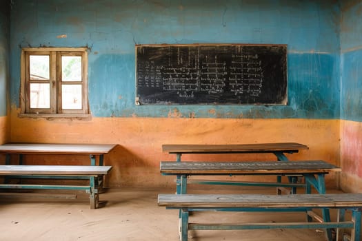 A classroom filled with vintage wooden benches and a chalkboard, capturing the essence of traditional education settings.
