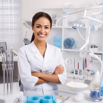 Hospital and doctors help: Portrait of a smiling young female dentist standing with arms crossed in the dental office