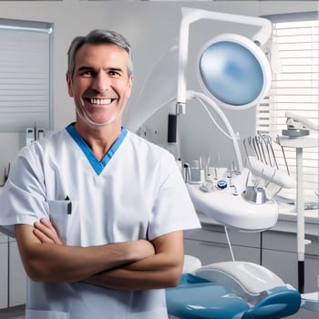 Hospital and doctors help: Portrait of smiling male dentist standing with arms crossed in dental clinic