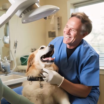 Hospital and doctors help: Dentist and his dog in a dental office. Dental treatment.