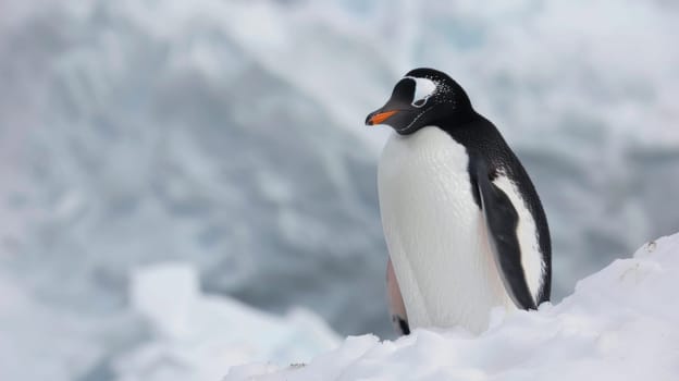 A penguin is standing in the snow near the water, its black and white feathers contrasting against the white snow. The penguin seems to be observing its surroundings, possibly getting ready to dive into the water for a swim.