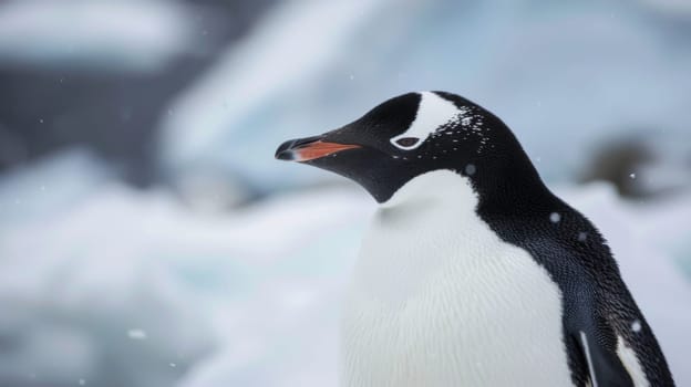 A penguin stands in the snow with its eyes closed, appearing to be resting or taking a moment of relaxation in its natural snowy habitat.