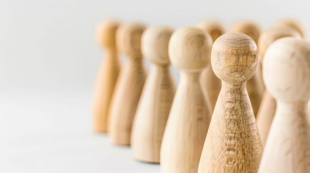 A straight row of wooden pegs is neatly lined up against a plain white background. The pegs are uniformly shaped and spaced, creating a symmetrical and orderly arrangement.
