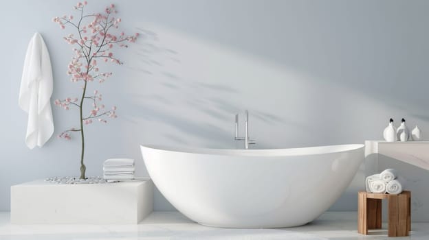 A white bath tub is positioned next to a white sink in a simple bathroom setting. The tub and sink are both clean and sleek, reflecting light in the room.
