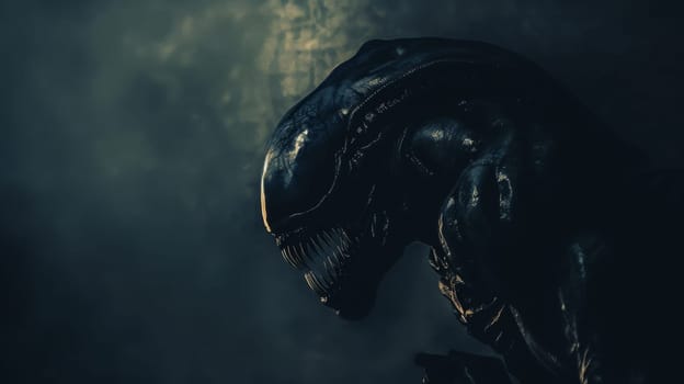 A detailed view of an aliens face illuminated in a dimly lit dark room, showcasing its unique features and mysterious appearance.